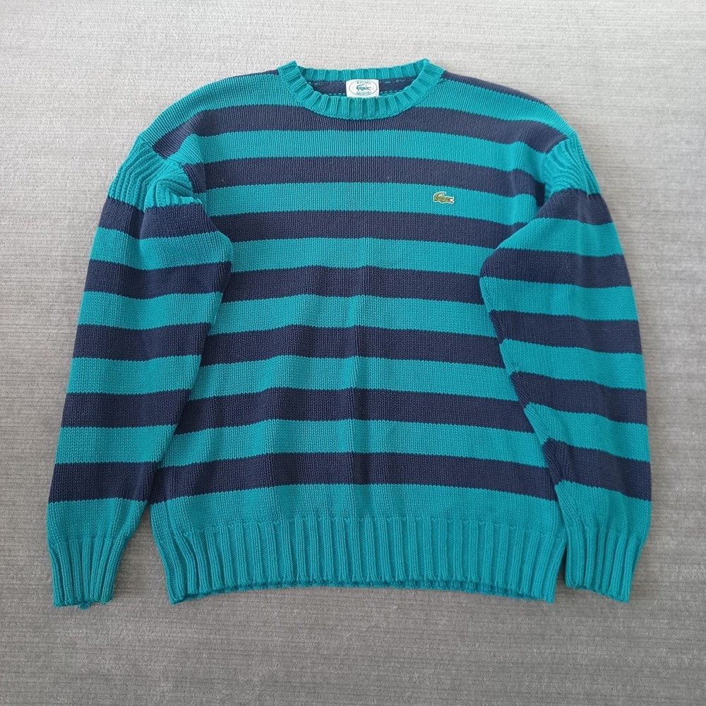 Vintage Izod Lacoste Sweater Mens XL Blue Green Stripe Knit Tennis Golf Preppy